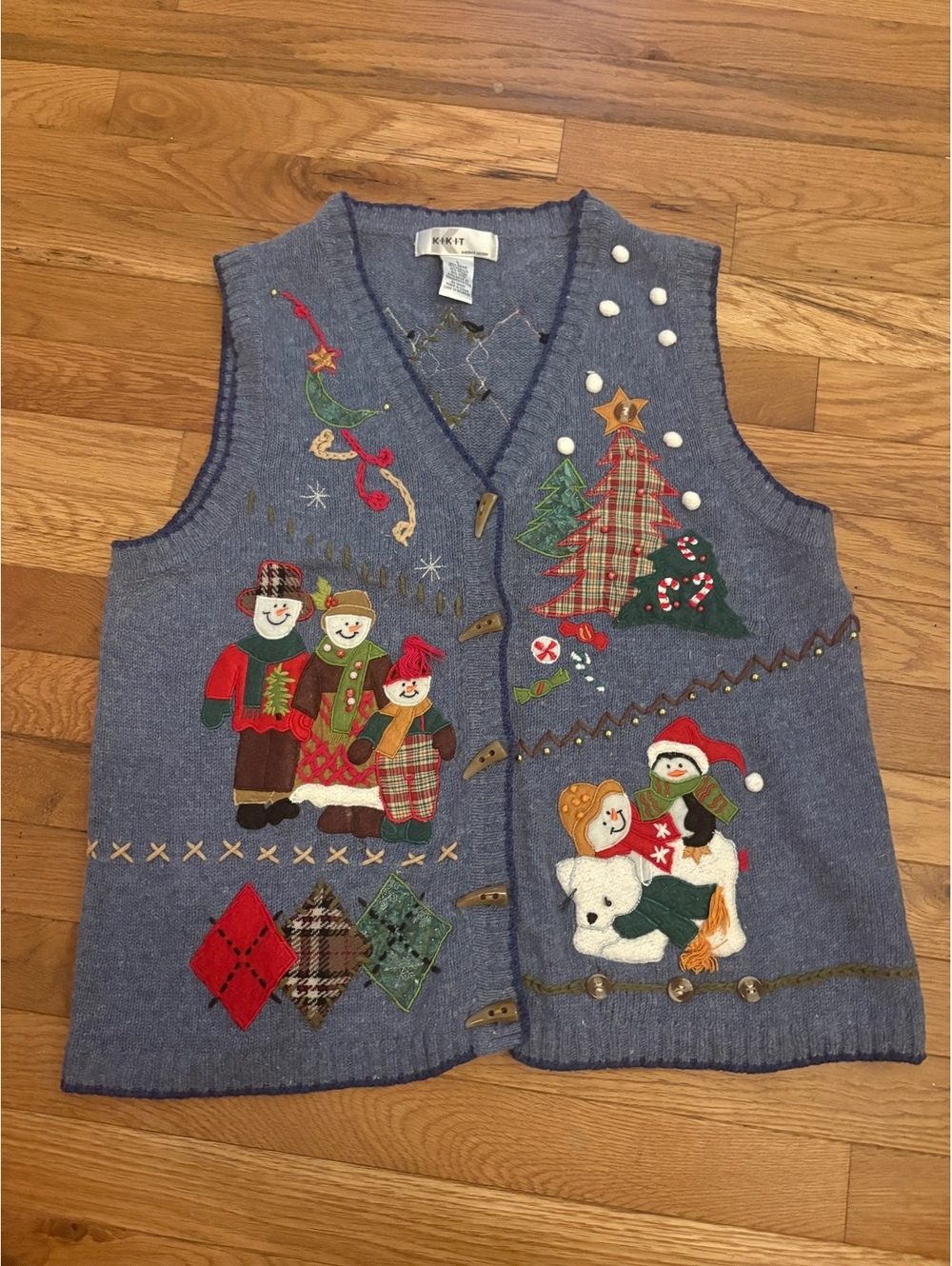 Vintage KIK-IT Blue Wool Christmas Sweater Vest with Appliqué Snowmen size L